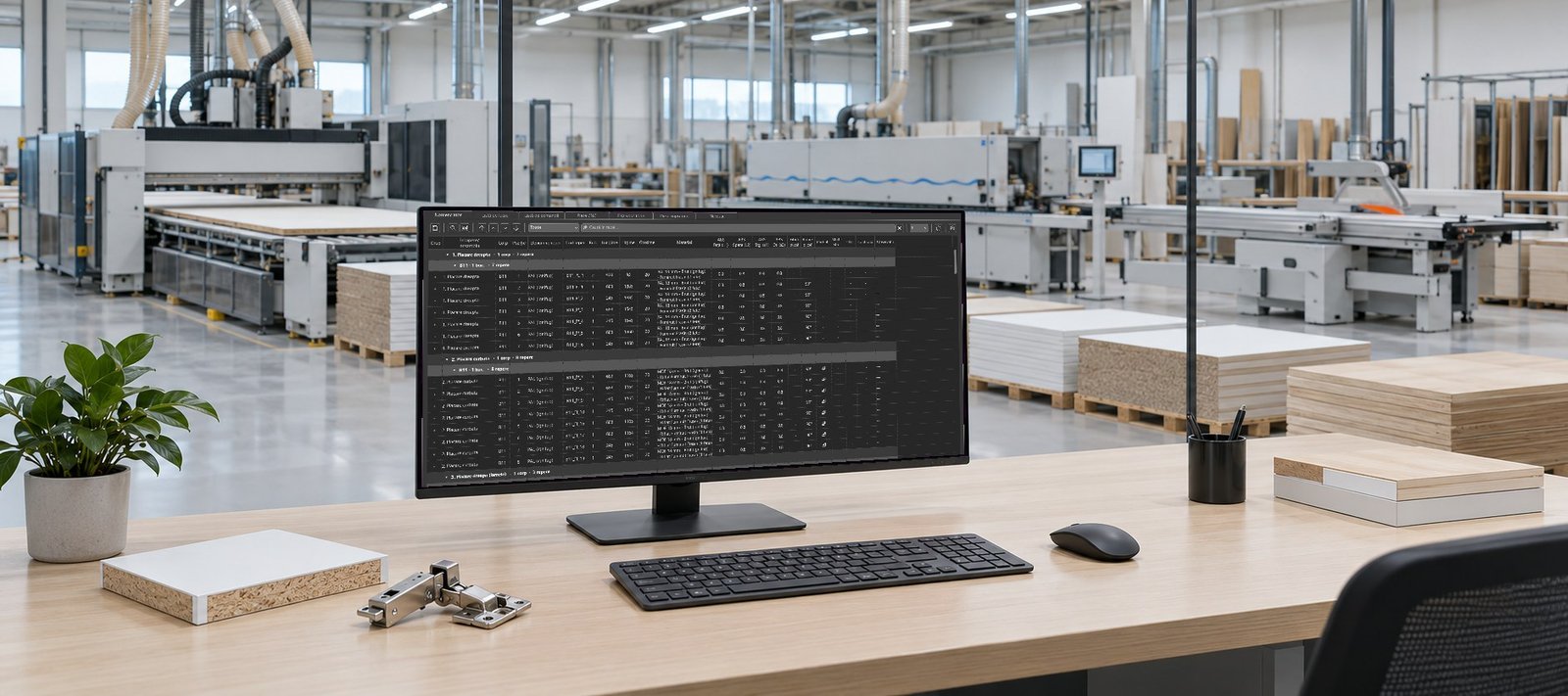 Biroul tehnic al unei fabrici de mobilier, cu Corp-X deschis pe monitor