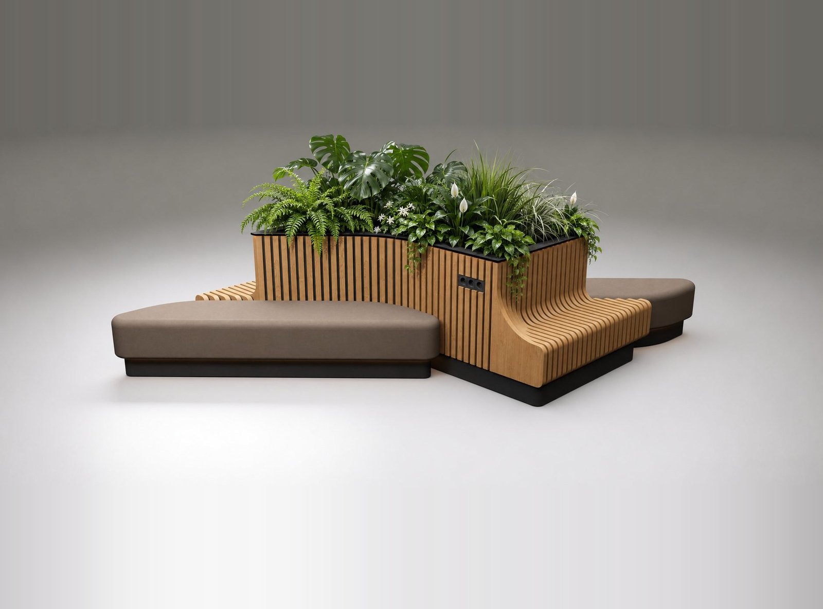 Jardinieră cu lamele și bănci tapițate, cu plante