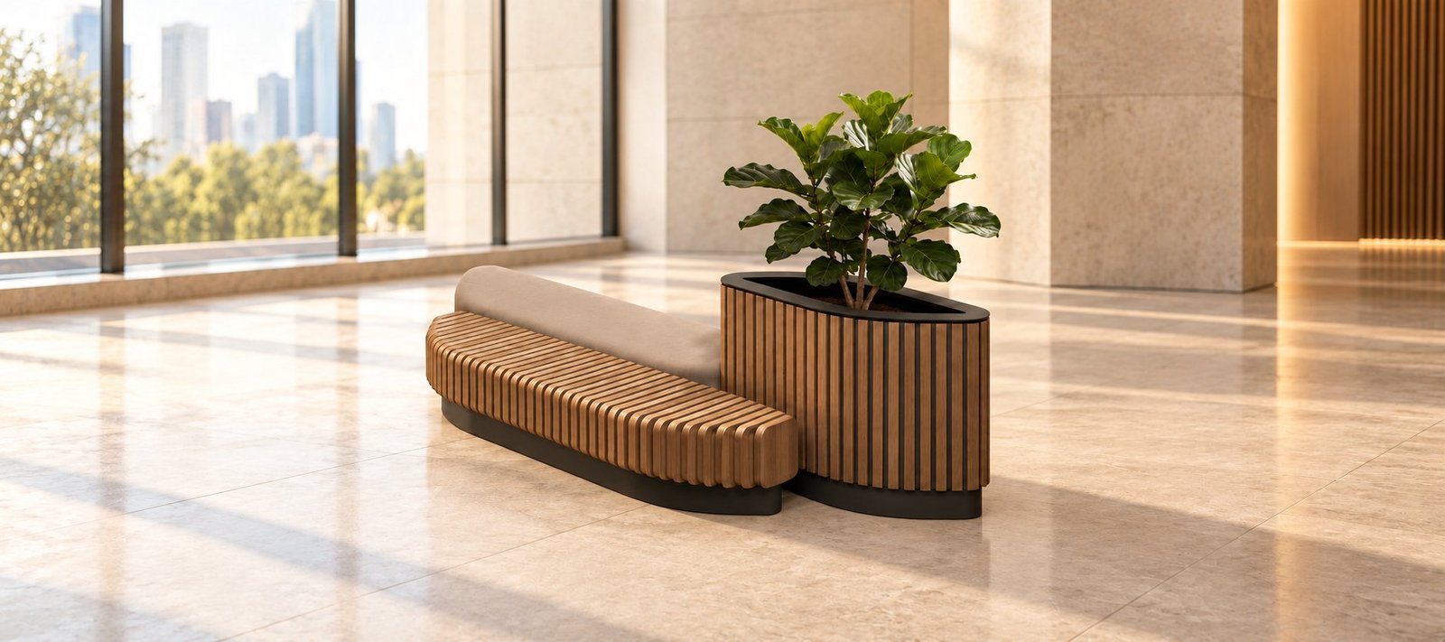 Bancă cu lamele și jardinieră cu ficus, într-un hol de birouri